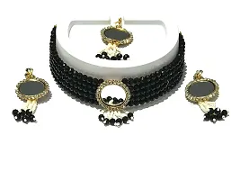 LA BELLEZA Gold Plated Dulhan Bridal Set Crystal Rhinestone Studded Mirror Jewellery Set Necklace Choker Set with Tassel Earring and Maang Tikka for Girls and Women (Black)-thumb1
