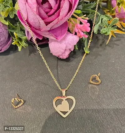 LA BELLEZA Gold Plated Stainless Steel Sleek Girlish Heart Pendant with Chain and Heart Stud Earrings for Girls and Women-thumb2