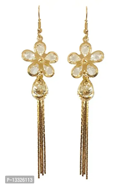 La Belleza Crystal Gold Plated Flower Design Dangler Long Chain Hanging Earrings for Girls and Women-thumb0