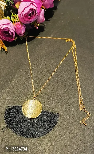 LA BELLEZA Gold Plated Long Silken Thread Chinese Fan Tassel Chain Pendant| Necklace | Neckpiece for Girls and Women (Black)-thumb2