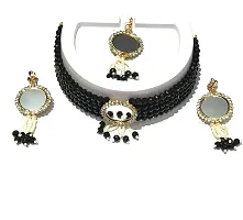 LA BELLEZA Gold Plated Dulhan Bridal Set Crystal Rhinestone Studded Mirror Jewellery Set Necklace Choker Set with Tassel Earring and Maang Tikka for Girls and Women (Black)-thumb2