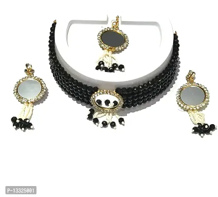 LA BELLEZA Gold Plated Dulhan Bridal Set Crystal Rhinestone Studded Mirror Jewellery Set Necklace Choker Set with Tassel Earring and Maang Tikka for Girls and Women (Black)-thumb3