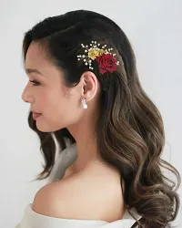 La Belleza Wedding Hair Accessory Tiara | Pearl Crystal Hair Side Comb with Red and Golden Rose | Floral Hair Crown | Hair clip /Side Pin for Girls and Women (Red Rose Pearl Comb)-thumb3