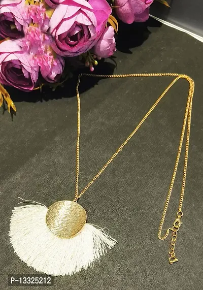 LA BELLEZA Gold Plated Long Silken Thread Chinese Fan Tassel Chain Pendant| Necklace | Neckpiece for Girls and Women (White)-thumb5