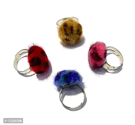 LA BELLEZA Adjustable Faux Fur Leopard Print Finger Rings for Girls and Women Pack of 4 in different colors