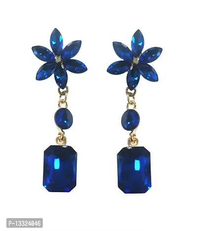 La Belleza Gold Plated Crystal Flower | Floral Big Stud Tassel Drop Dangler Earring for Girls and Women (Blue)-thumb0