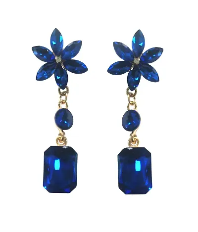 La Belleza Plated Crystal Flower | Floral Big Stud Tassel Drop Dangler Earring for Girls and Women (Blue)