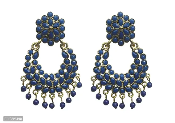 La Belleza Gold Plated Oxidised Traditional Handcrafted Meena Work Jhumki Earring | Long Tassel Jhumki/Jhumka Chandelier Drop Dangler Earring For Girls And Women In 4 Color (Blue)-thumb0