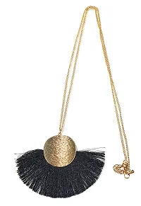 LA BELLEZA Gold Plated Long Silken Thread Chinese Fan Tassel Chain Pendant| Necklace | Neckpiece for Girls and Women (Black)-thumb2