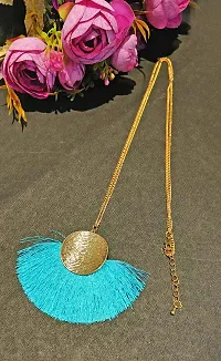 LA BELLEZA Gold Plated Long Silken Thread Chinese Fan Tassel Chain Pendant| Necklace | Neckpiece for Girls and Women (Blue)-thumb2