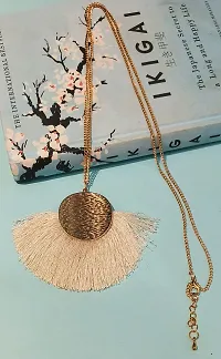 LA BELLEZA Gold Plated Long Silken Thread Chinese Fan Tassel Chain Pendant| Necklace | Neckpiece for Girls and Women (White)-thumb3