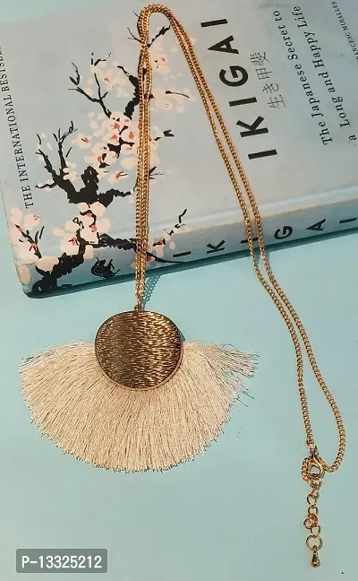 LA BELLEZA Gold Plated Long Silken Thread Chinese Fan Tassel Chain Pendant| Necklace | Neckpiece for Girls and Women (White)-thumb4