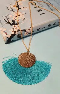 LA BELLEZA Gold Plated Long Silken Thread Chinese Fan Tassel Chain Pendant| Necklace | Neckpiece for Girls and Women (Blue)-thumb4