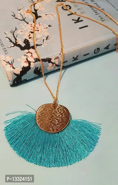 LA BELLEZA Gold Plated Long Silken Thread Chinese Fan Tassel Chain Pendant| Necklace | Neckpiece for Girls and Women (Blue)-thumb5