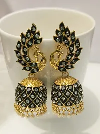 La Belleza Traditional Gold Plated Oxidized Antique/Ethnic Peacock Jhumka/Jhumki Earrings with Hanging Pearls | Cubic Zircon | Rhinestone for Women  Girls-thumb2