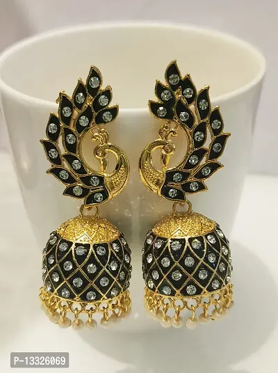 La Belleza Traditional Gold Plated Oxidized Antique/Ethnic Peacock Jhumka/Jhumki Earrings with Hanging Pearls | Cubic Zircon | Rhinestone for Women  Girls-thumb3