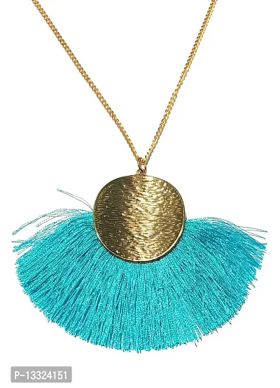 LA BELLEZA Gold Plated Long Silken Thread Chinese Fan Tassel Chain Pendant| Necklace | Neckpiece for Girls and Women (Blue)