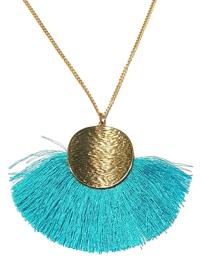 LA BELLEZA Gold Plated Long Silken Thread Chinese Fan Tassel Chain Pendant| Necklace | Neckpiece for Girls and Women