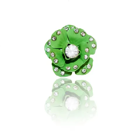 La Belleza Adjustable Solitaire Metal Flower Finger Ring with Cubic Zirconia Stone for Girls and Women (Green)