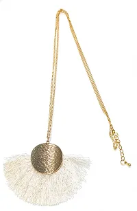 LA BELLEZA Gold Plated Long Silken Thread Chinese Fan Tassel Chain Pendant| Necklace | Neckpiece for Girls and Women (White)-thumb2