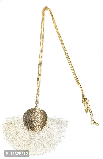 LA BELLEZA Gold Plated Long Silken Thread Chinese Fan Tassel Chain Pendant| Necklace | Neckpiece for Girls and Women (White)-thumb3