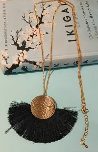 LA BELLEZA Gold Plated Long Silken Thread Chinese Fan Tassel Chain Pendant| Necklace | Neckpiece for Girls and Women (Black)-thumb3