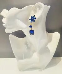 La Belleza Gold Plated Crystal Flower | Floral Big Stud Tassel Drop Dangler Earring for Girls and Women (Blue)-thumb1