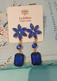 La Belleza Gold Plated Crystal Flower | Floral Big Stud Tassel Drop Dangler Earring for Girls and Women (Blue)-thumb3