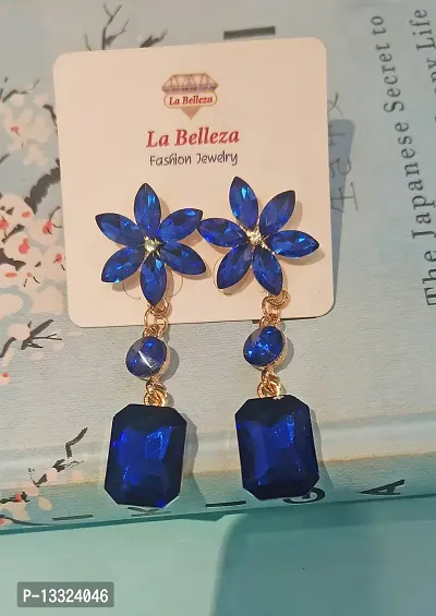 La Belleza Gold Plated Crystal Flower | Floral Big Stud Tassel Drop Dangler Earring for Girls and Women (Blue)-thumb4