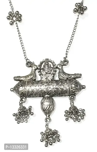 LA BELLEZA Rhodium Plated Sacred Goddess Temple Ganeshji Peacock Ghunghroo Choker Necklace Neckpiece Chain Pendant Set Afghani Jewellery For Girls andWomen-thumb0