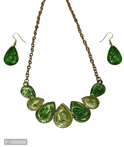 LA BELLEZA Gold Plated Enamel Polish Necklace | Neckpiece with Earrings for Girls and Women (Green & Light Green)-thumb0