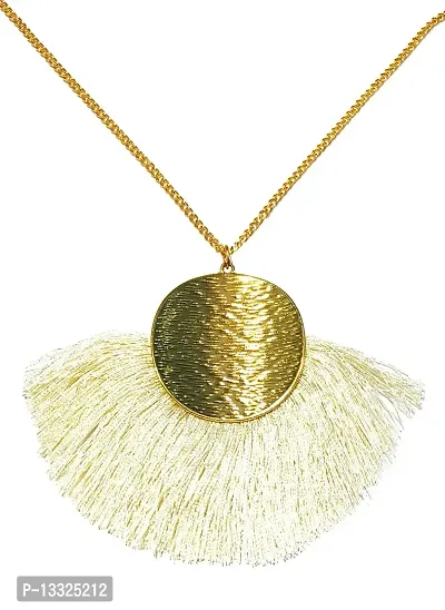 LA BELLEZA Gold Plated Long Silken Thread Chinese Fan Tassel Chain Pendant| Necklace | Neckpiece for Girls and Women (White)