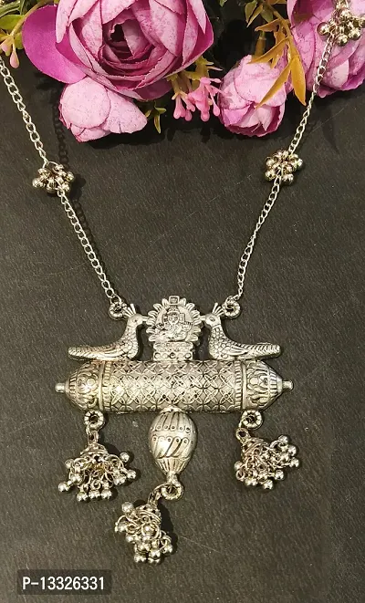 LA BELLEZA Rhodium Plated Sacred Goddess Temple Ganeshji Peacock Ghunghroo Choker Necklace Neckpiece Chain Pendant Set Afghani Jewellery For Girls andWomen-thumb4