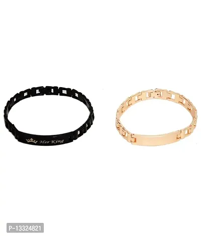 La Belleza Black & Rose Gold Combo of 2 Adjustable Her King & His Queen Couple Bracelet For Girls and Boys-thumb0