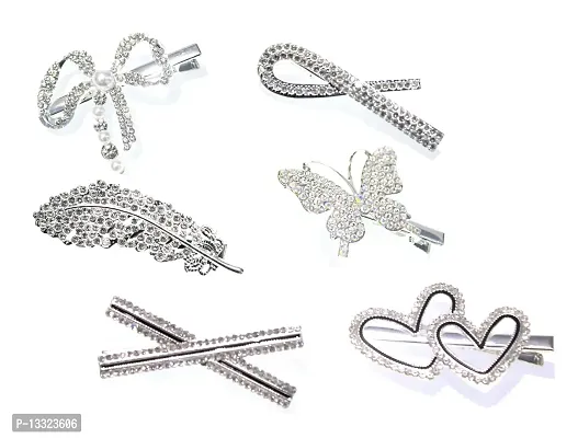La Belleza Assorted Design Crystal Pearl Rhinestone Hair Pins | Hair clip | Crow Clip| Alligator Clip| Duckbill| Hair Accessories for Girls and Women (Silver Bow, Heart)-thumb0