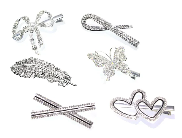 La Belleza Assorted Design Crystal Pearl Rhinestone Hair Pins | Hair clip | Crow Clip| Alligator Clip| Duckbill| Hair Accessories for Girls and Women (Silver Bow, Heart)