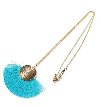 LA BELLEZA Gold Plated Long Silken Thread Chinese Fan Tassel Chain Pendant| Necklace | Neckpiece for Girls and Women (Blue)-thumb3
