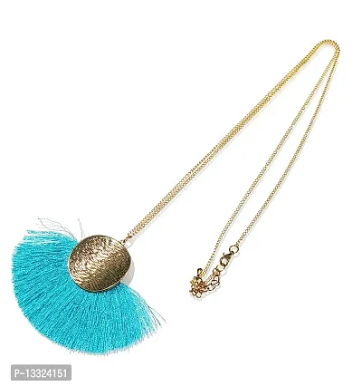 LA BELLEZA Gold Plated Long Silken Thread Chinese Fan Tassel Chain Pendant| Necklace | Neckpiece for Girls and Women (Blue)-thumb4