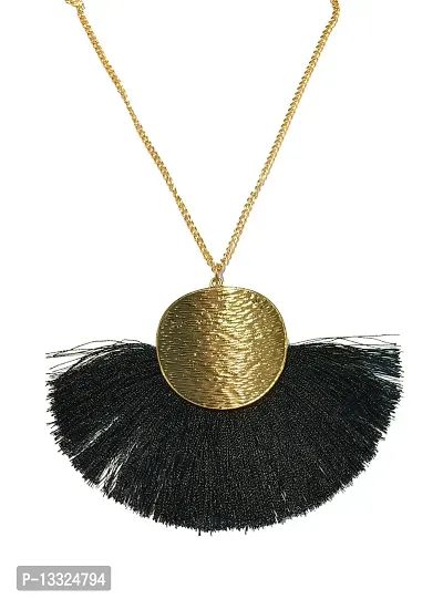 LA BELLEZA Gold Plated Long Silken Thread Chinese Fan Tassel Chain Pendant| Necklace | Neckpiece for Girls and Women (Black)