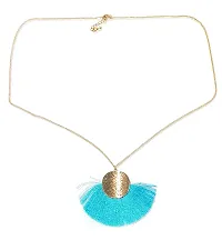 LA BELLEZA Gold Plated Long Silken Thread Chinese Fan Tassel Chain Pendant| Necklace | Neckpiece for Girls and Women (Blue)-thumb1