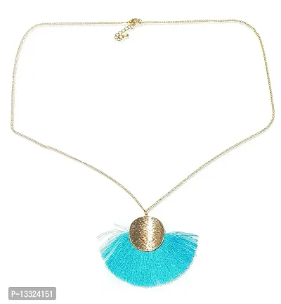 LA BELLEZA Gold Plated Long Silken Thread Chinese Fan Tassel Chain Pendant| Necklace | Neckpiece for Girls and Women (Blue)-thumb2