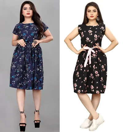 Fancy Printed Fit & Flare Dress Combo of 2