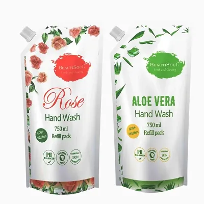 Beautisoul Rose Handwash and Beautisoul Aloe vera Handwash Refill Pouch | pH balanced | Made in India | Cruelty Free | Germ protecti (750 ml x 2)