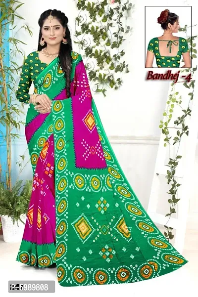 Women's Moss Chiffon Bandhej Saree with Blouse Piece