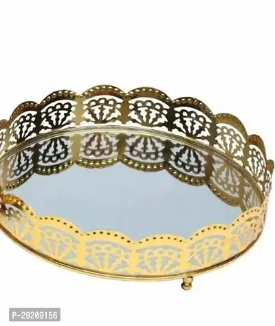 Golden Metal Round Serving Decorative Tray for Center Table and Home Decor Size15 X15 Inch-thumb0