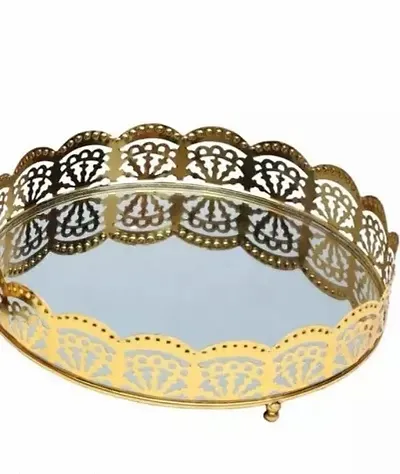 Golden Metal Round Serving Decorative Tray for Center Table and Home Decor Size15 X15 Inch