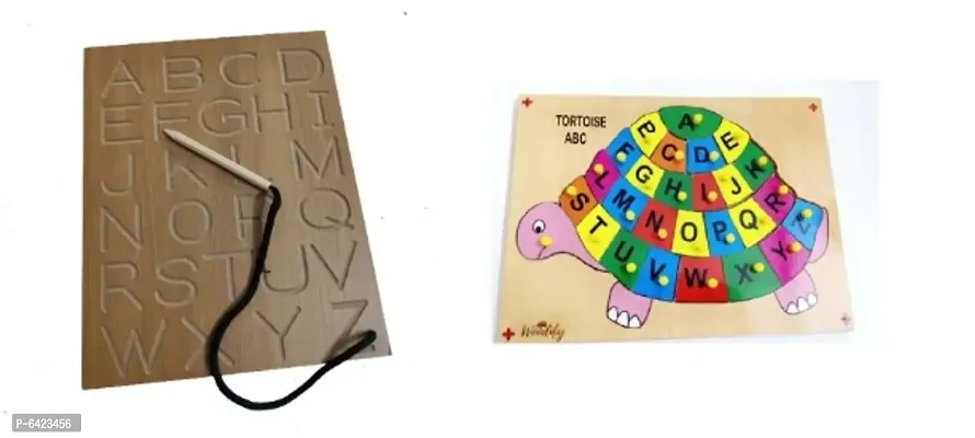 Woodify Wooden Alphabet Tracing Board with Alphabet A-Z Puzzle with Knob - Tortoise-thumb0
