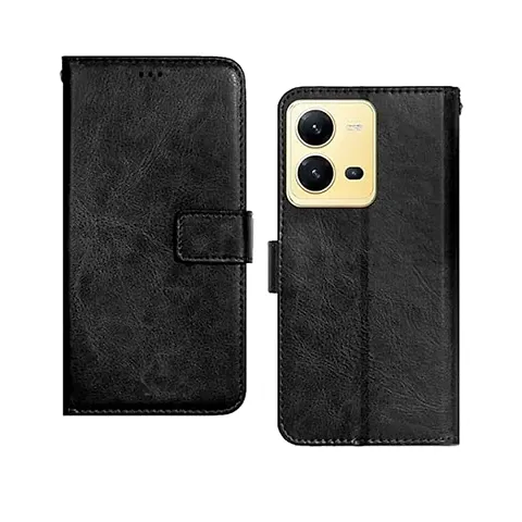 Cloudza Vivo V25 Flip Back Cover | PU Leather Flip Cover Wallet Case with TPU Silicone Case Back Cover for Vivo V25 Bk