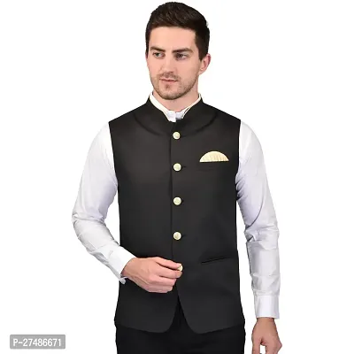 Reliable Black Viscose Solid Nehru Jacket For Men-thumb0