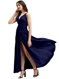 Inez Women's V-Neck Solid Crepe Maxi Dress (Dark Blue) Size:-Medium-thumb1